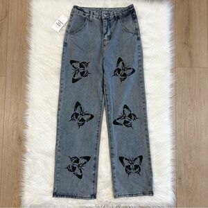 NEW Butterfly Print High Rise Blue Gray Jeans Size Medium